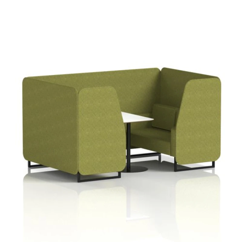 Image of Brixworth 4 Seater Office Booth with Front Panel - Black Legs and White Table with Black Leg in Rivet Fabric - Olive Panels and Sofa