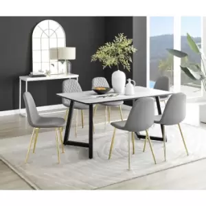 Image of Furniturebox UK - Furniturebox Carson White Marble Effect Rectangular 160cm Dining Table & 6 Grey Corona Faux Leather Dining Chairs with Gold Legs