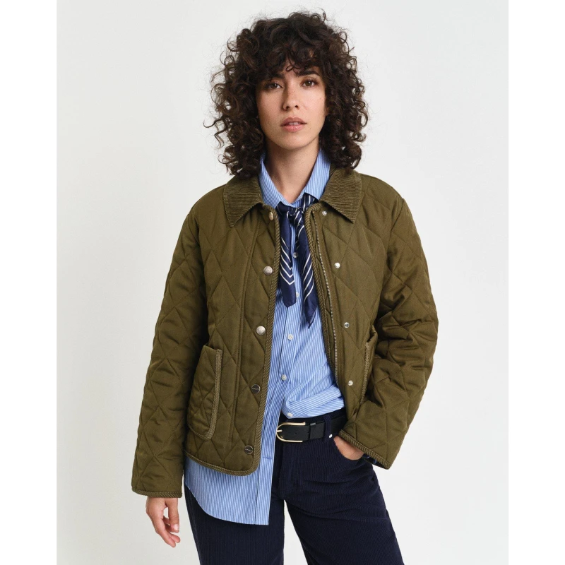 Image of Gant Womens Cord Detailed Quilted Jacket Dark Cactus female 12 (M)