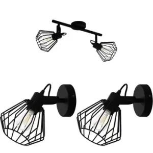 Image of Twin Ceiling Spot Light & 2x Matching Wall Lights Black Geometric Cage Head