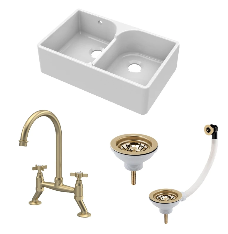 Image of Balterley 2 Bowl Stepped Weir Fireclay Butler Sink Wastes Tap 795mm Bronze