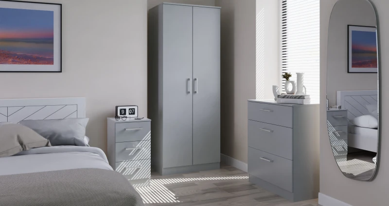Image of Swift Devon 3 Piece Bedroom Set (Wardrobe, Chest & Bedside) in Dusk Grey - Ready Assembled Grey