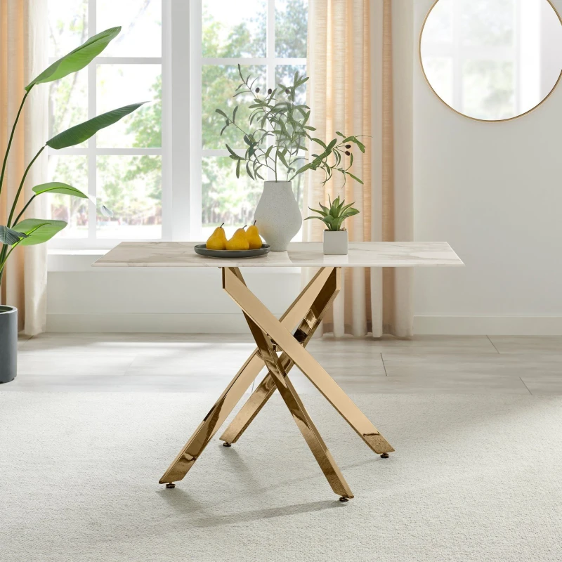 Image of FurnitureboxUK FurnitureboxUK Leonardo 4-Seater Dining Table With Marble Effect Glass Top And Gold Metal Legs in White White One Size Unisex 505654269