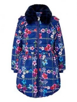 Monsoon Girls Recycled Floral Check Padded Coat - Navy, Size 11-12 Years, Women