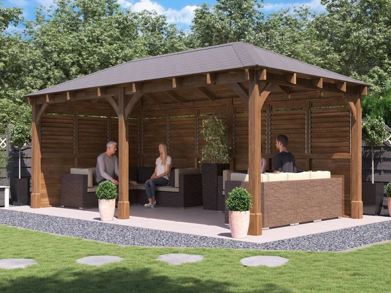 Image of Dunster House Wooden Gazebo Kit Louvre Wall 6M X 3M With Roof Shingles Leviathan