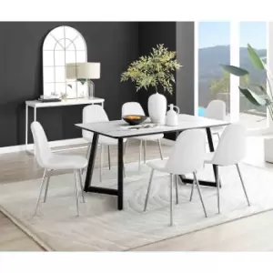 Image of Furniture Box Carson White Marble Effect Dining Table and 6 White Corona Silver Chairs