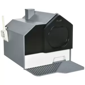 Image of PawHut Hooded Cat Litter Tray with Scoop, Cat Litter Box with Drawer Pan, Handle, Deodorants, Hut Design, Front Entrance, 47 x 45 x 42 cm, Grey