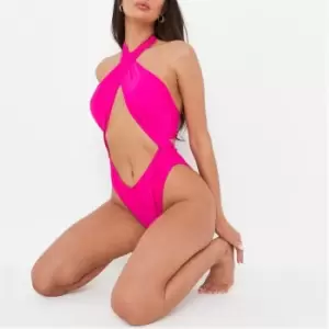 image of Missguided Cross Over Halterneck Swimsuit - Pink