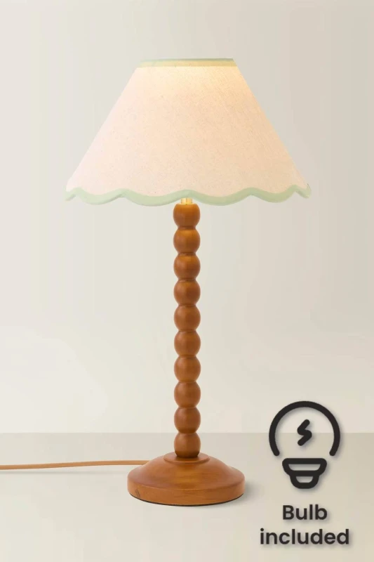 Image of ValueLights Bobbin Colour Trim Linen Shade Walnut Bobble Table Lamp with Bulb in Pale Green Pale Green Unisex