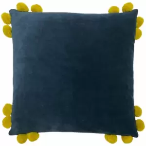 Image of Hoola Pop Pom 100% Cotton Fringed Cushion Cover, Navy/Olive, 45 x 45cm - Furn