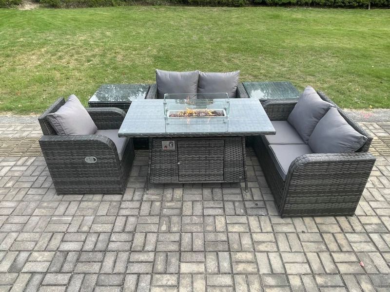 Image of Fimous Rattan Garden Furniture Set with Gas Fire Pit Dining Table,2 Side Tables Indoor Outdoor 6 piece Love Sofa set Dark Grey