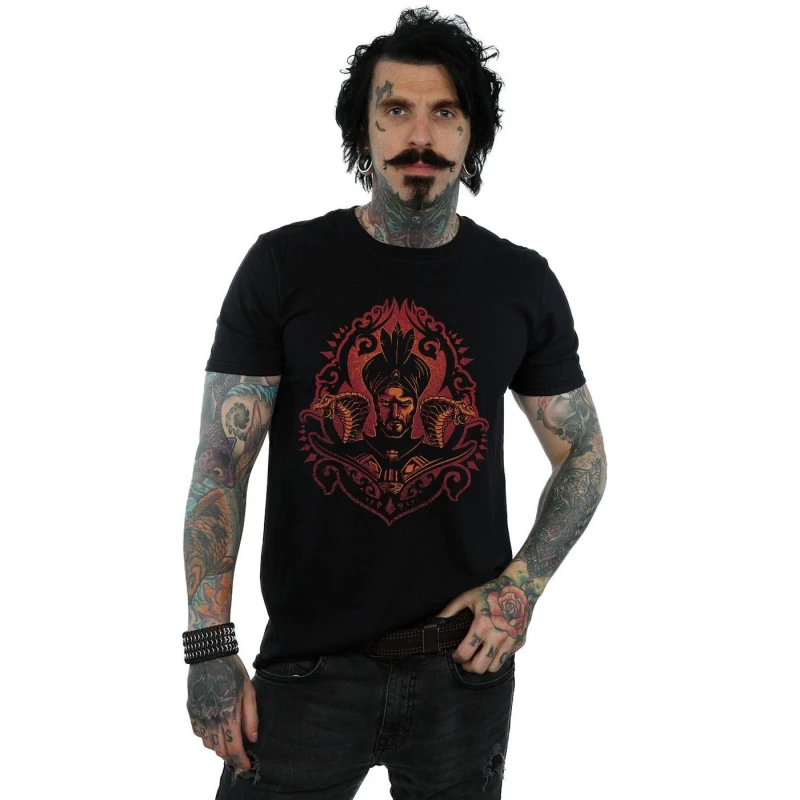 Image of Disney Men Aladdin Movie Jafar Snakes T-Shirt in Black Size: Small Black S Male 5059276934903