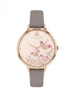 Sara Miller White Butterfly Dial Grey Leather Strap Ladies Watch