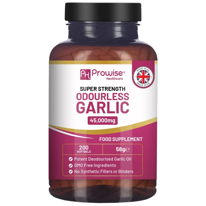 Image of Prowise Healthcare Premium Odourless Garlic Capsules - High Strength 45,000mg - 200 Softgels - Deodourised Premium Garlic Oil Extract from Allium Sati