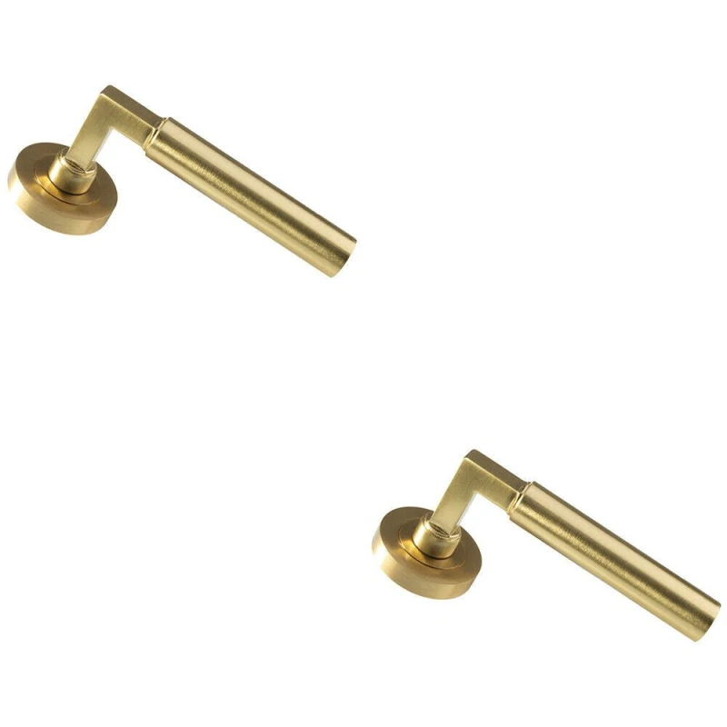 Image of Loops 2x PAIR Straight Round Bar Handle on Round Rose Concealed Fix Satin Brass Metallics