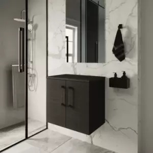 image of Nuie Arno Wall Hung 2-Door Vanity Unit with Worktop 600mm Wide - Black Woodgrain