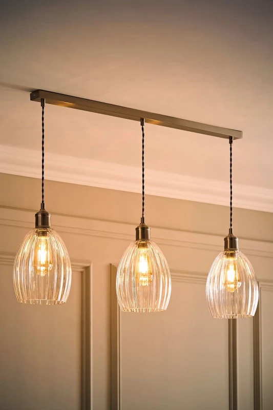 Image of ValueLights Cheltenham Ribbed Glass Dome 3 Drop Bar Diner Ceiling Light with Bulbs in Silver Silver Unisex