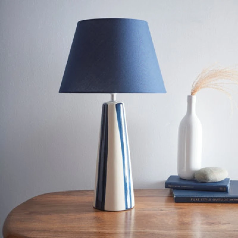 Image of K Living Tall Ceramic Striped Table Lamps With Painted Blue Stripes And Matching Lampshades