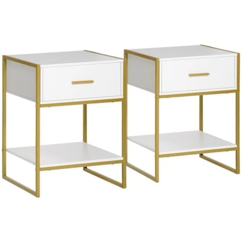 Image of Homcom Modern Bedside Table Set Of 2 Side Table Shelf Drawer Bedroom, White 831-534
