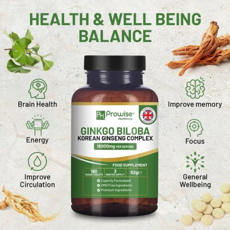 Image of Prowise Healthcare Ginkgo Biloba and Korean Ginseng Tablets 8000mg 180 Vegan Tablets - Ginkgo 6000mg & Korean Ginseng Root 2000mg Supports Cognitive F