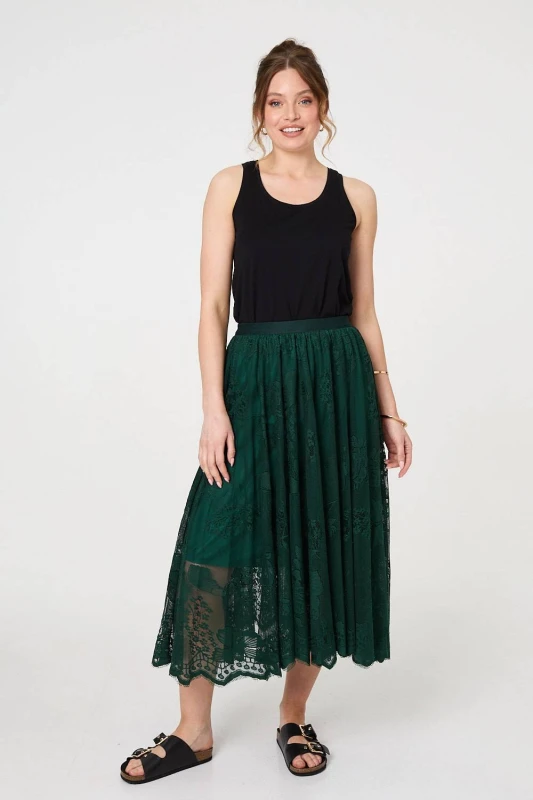 Image of Izabel London Womens Floral Semi Sheer Mesh Layer Midi Skirt in Green Size: Small Green Female S