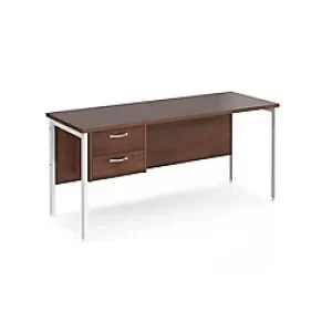 image of Rectangular Straight Desk Walnut Wood H-Frame Legs White Maestro 25 1600 x 600 x 725mm 2 Drawer Pedestal