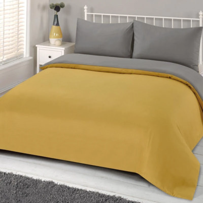 Image of OHS OHS Plain Dyed Reversible Duvet Cover Cover with Pillowcase Set in Yellow Size: Double Yellow Double Unisex 5027434119820