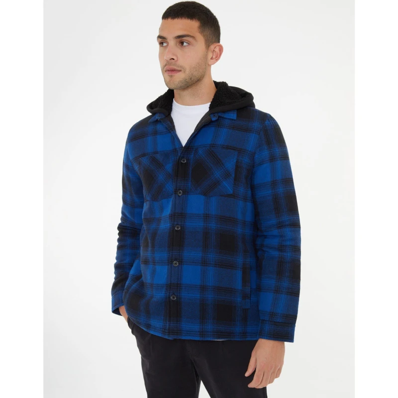 Image of Threadbare 'Scotch' Check Shacket with Borg-Lined Hood Navy