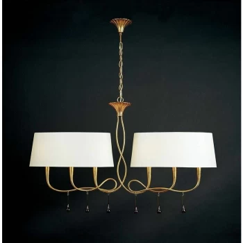 image of Hanging lamp Paola 2 Arm 6 Bulbs E14, gold painted with Cream shade & amber glass droplets