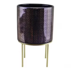 Image of Square Geometric Design Midnight Blue & Gold Ceramic Planter On Stand