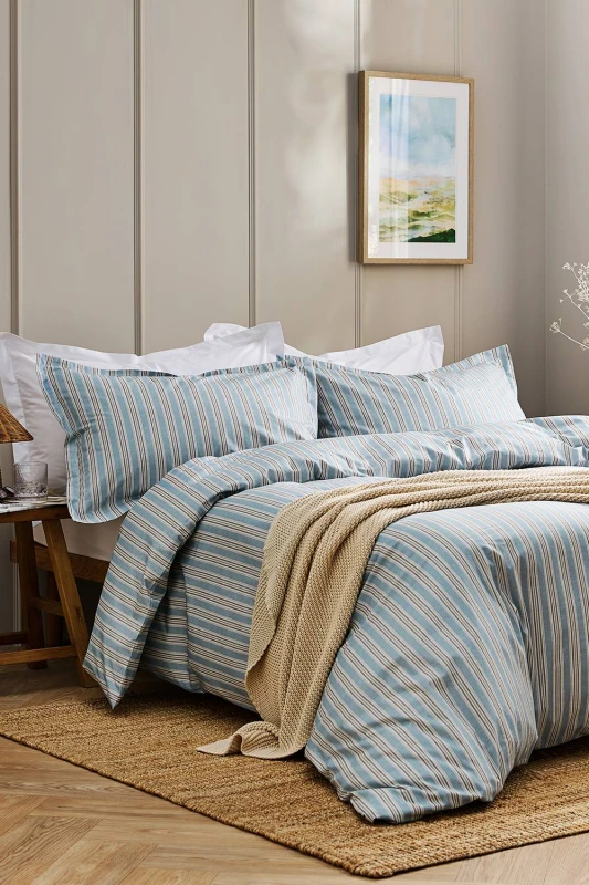 Image of CHRISTY 'Calder Stripe' Heritage Inspired Cotton Percale Duvet Cover Set in Blue Size: Super King Blue Unisex Super King
