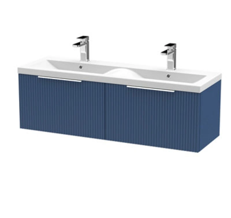 Image of Hudson Reed Fluted Wall Hung 2-Drawer Vanity And Double Ceramic Basin, Premium Sink Vanity Unit, Satin Bluemm