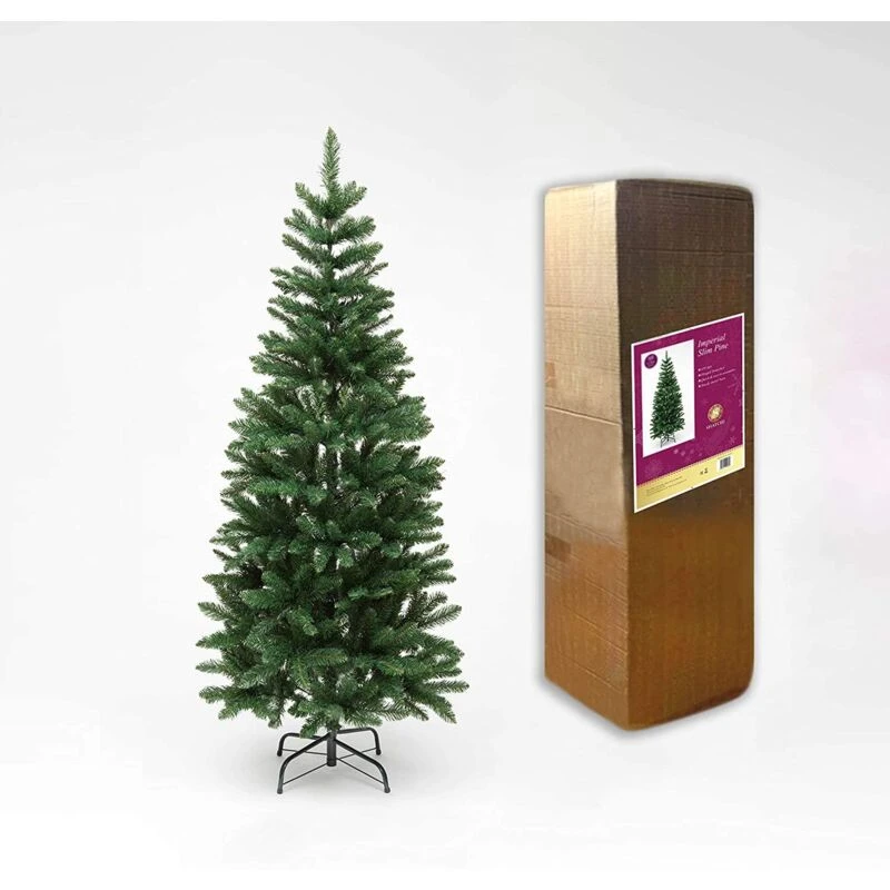Image of Shatchi 7FT Slim Pine Green Tree Christmas Holiday Festive Xmas Home Decorations with Pencil Point Tips Green