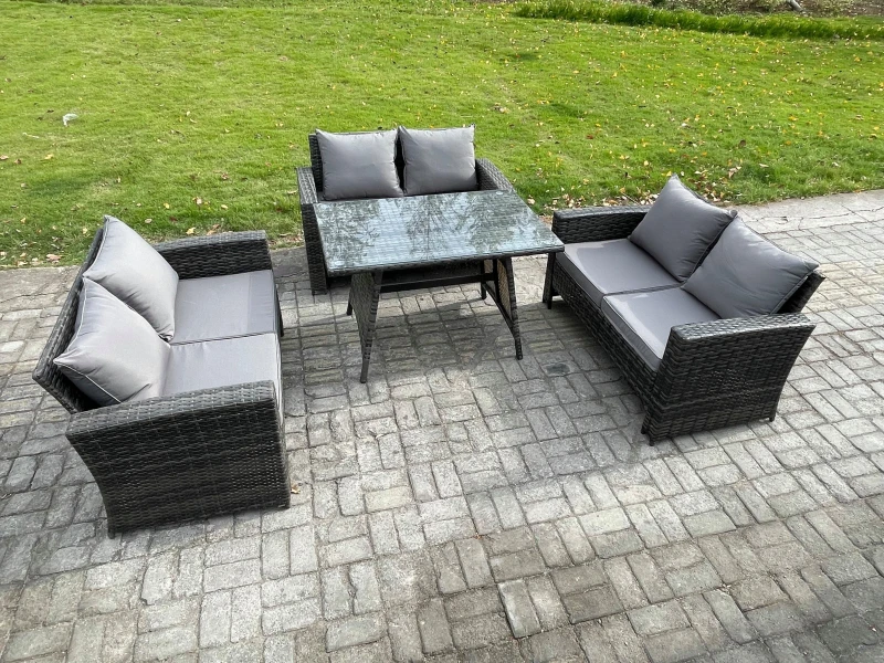 Image of Fimous 6 Seater Rattan Wicker Garden Furniture Patio Conservatory Sofa Set with Rectangular Dining Table Love Seat Sofa in Dark Grey Dark Grey Unisex