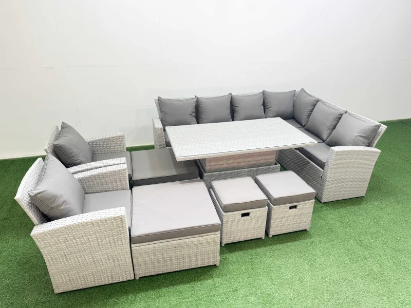 Image of Fimous 12 Seat Rattan Garden Furniture Corner Sofa Set with Armchair in Light Grey Light Grey Unisex