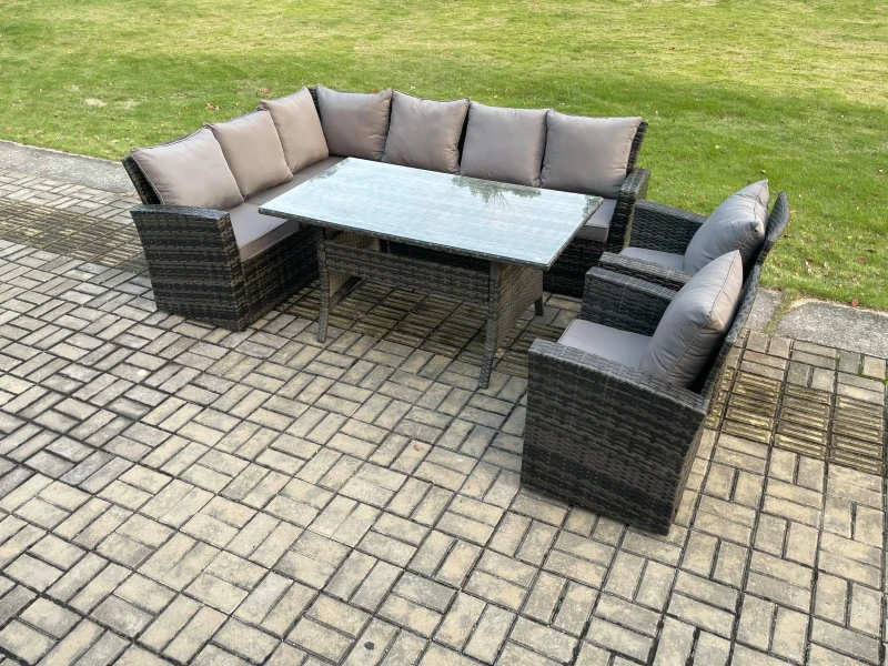 Image of Fimous 8 Seater Garden Rattan Furniture Corner Dining Set with Armchair Indoor Outdoor Lounge Sofa Set Dark Grey Mixed Dark Grey Unisex