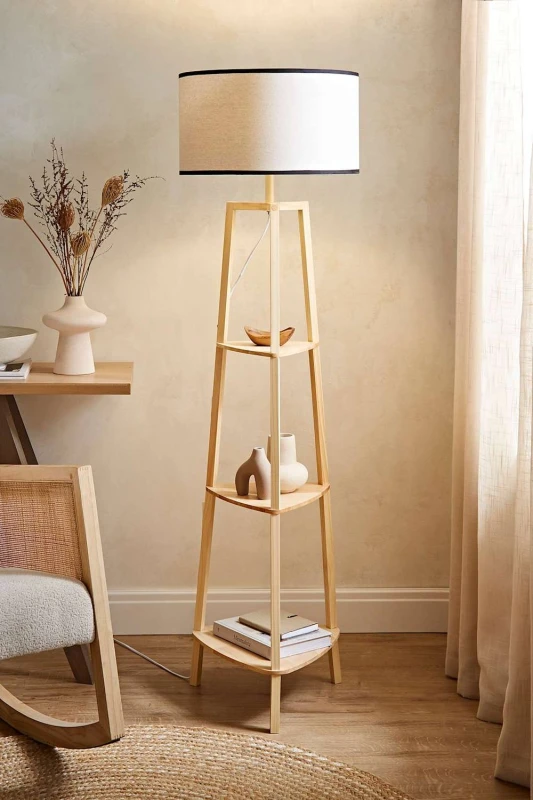 Image of ValueLights ValueLights Hiru Wooden 3 Tier Shelf Floor Lamp with Trimmed Linen Drum Shade in Black One Size Unisex 5059406056994