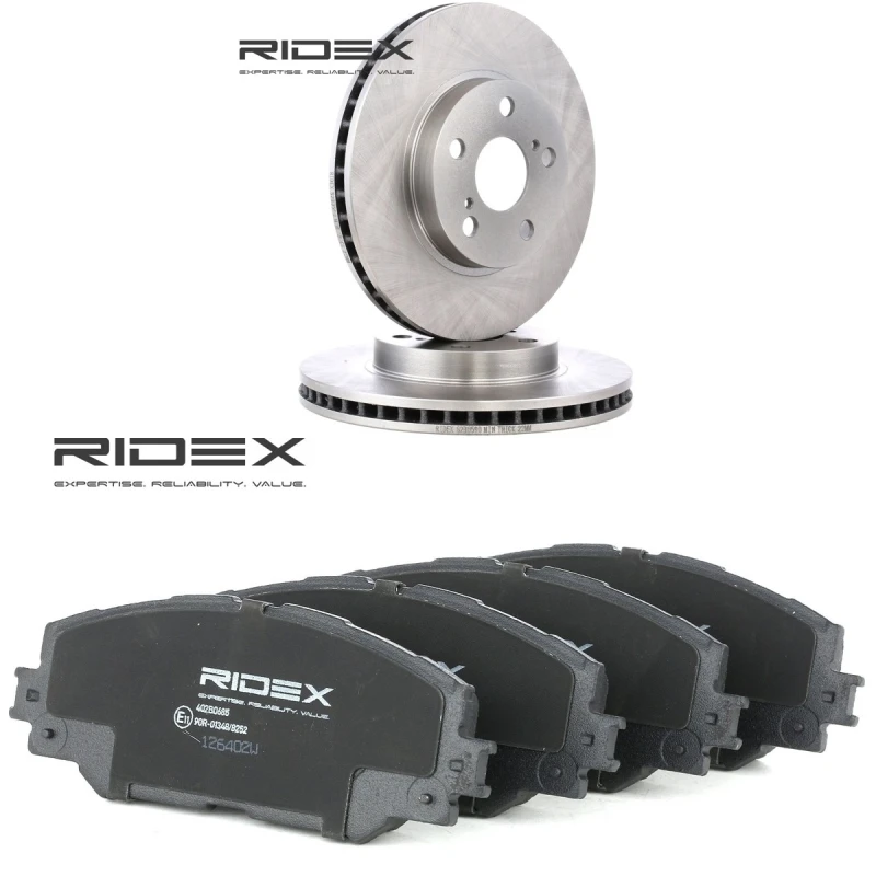 Image of RIDEX 3405B3226 Brake disc and pads set Front Axle, Brake Disc Type: internally vented, excl. wear warning contact Brake Set,disc brakes (3405)