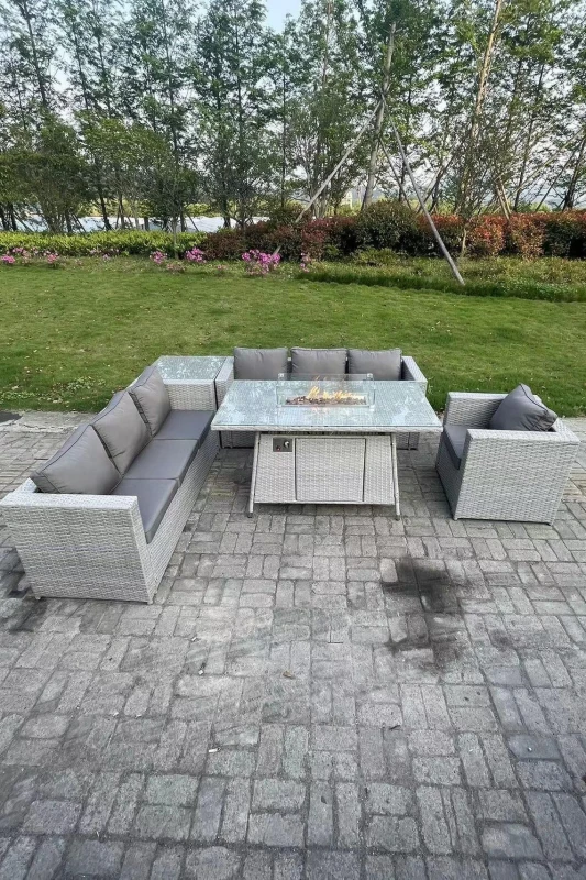 Image of Fimous Corner Rattan FirePit Garden Furniture Set Gas Heater Burner Lounge Sofa With Side Coffee Table Light Grey