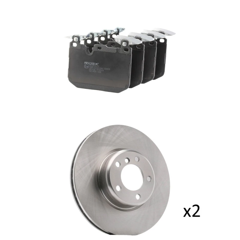 Image of RIDEX 3405B3463 Brake disc and pads set Front Axle, Brake Disc Type: Vented, excl. wear warning contact Brake Set,disc brakes (3405)
