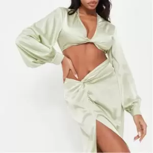 image of Missguided Co Ord Twist Front Satin Crop Top - Green