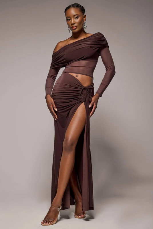 Image of Goddiva Womens Long Split Front Wrap Dress with Drawstring Goddiva Marron Female L