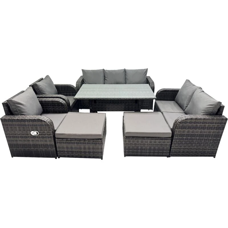 Image of Fimous 9 Seat Outdoor Dining Table Sofa Set with 2 Big Stools in Dark Grey Dark Grey Unisex