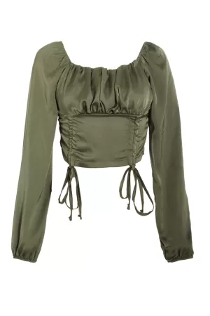 Image of Quiz Black Satin Ruched Crop Top - S