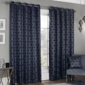 Image of Hartford Geometric Woven Thermal Blackout Lined Eyelet Curtains, Navy, 90 x 72" - Emma Barclay