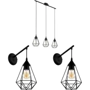 image of Ceiling Spot Light & 2x Matching Wall Lights Black Wire Cage Wire Hanging Lamp