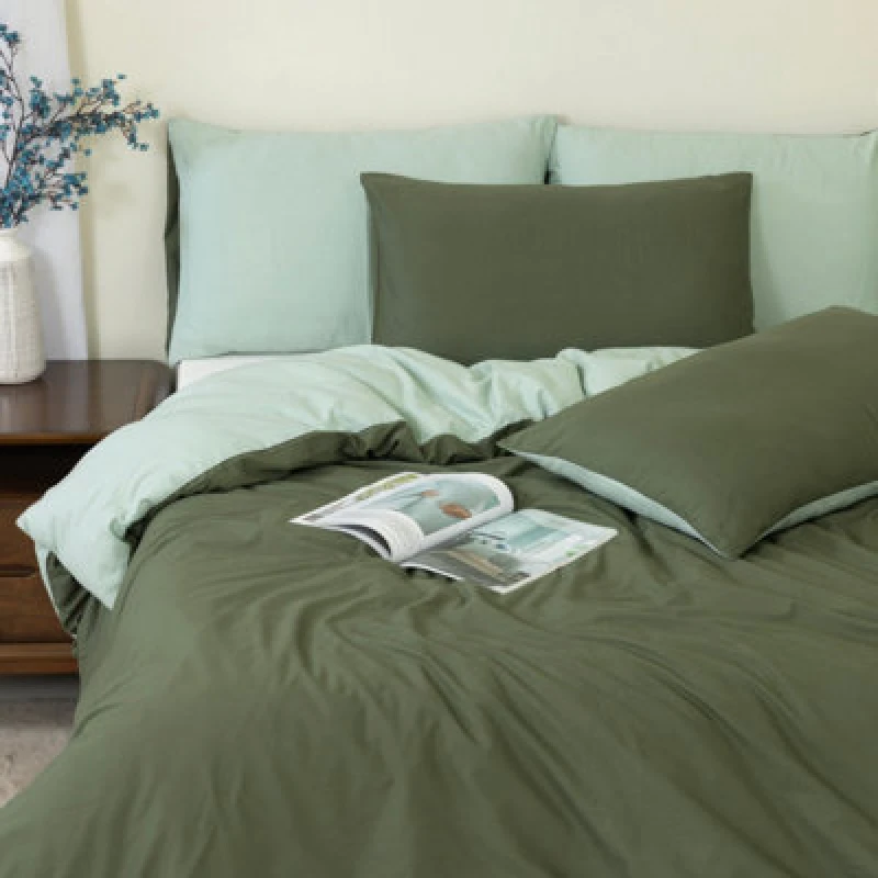 Image of MHG Living Reversible 100% Cotton Duvet Cover Set With Pillowcases - Soft & Breathable Forest Green Bedding, Button Closure - Single