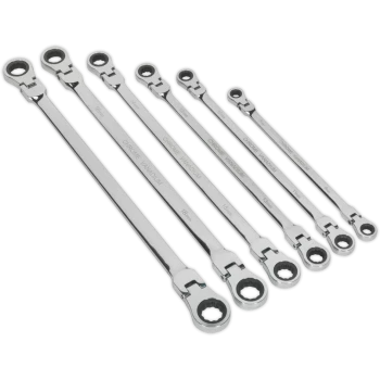 image of Sealey 6 Piece Extra Long Flexible Head Ratchet Ring Spanner Set