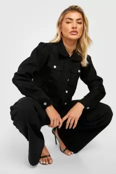Image of Distressed Puff Shoulder Detail Denim Jacket