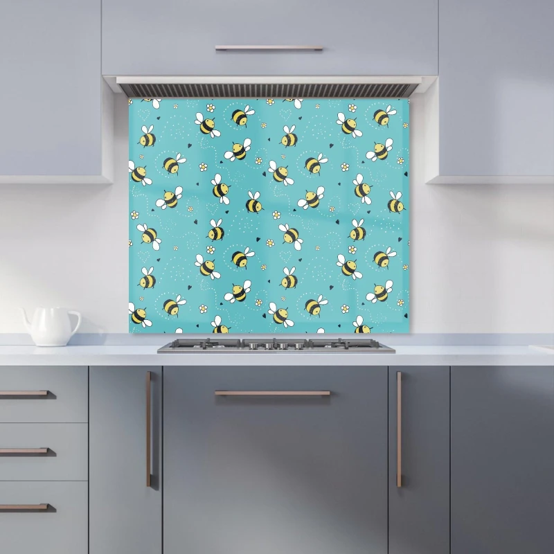 Image of Warren Reed - Designer Hand Drawn Busy Bees Kitchen Splashback in Blue Size: 900mm x 650mm Blue Unisex 900mm x 650mm
